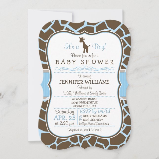 Invitation Giraffe bleue Imprimer Baby shower garçon Invitati (Devant)