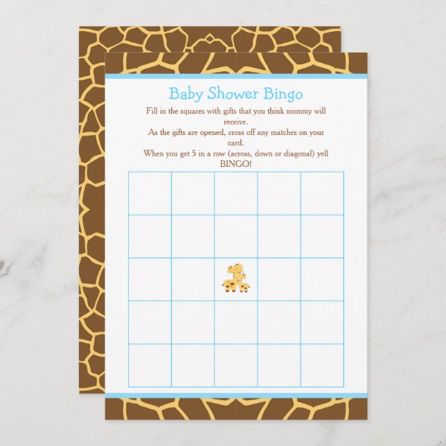 Invitation Giraffe Blue Boy Baby shower Bingo (Devant / Derrière)