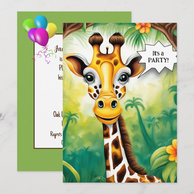 Invitation Giraffe de dessin animé fête d'anniversaire (Devant / Derrière)