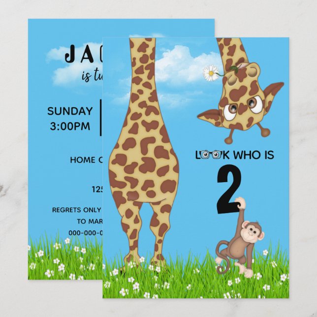 Invitation Giraffe du 2e anniversaire en herbe (Devant / Derrière)