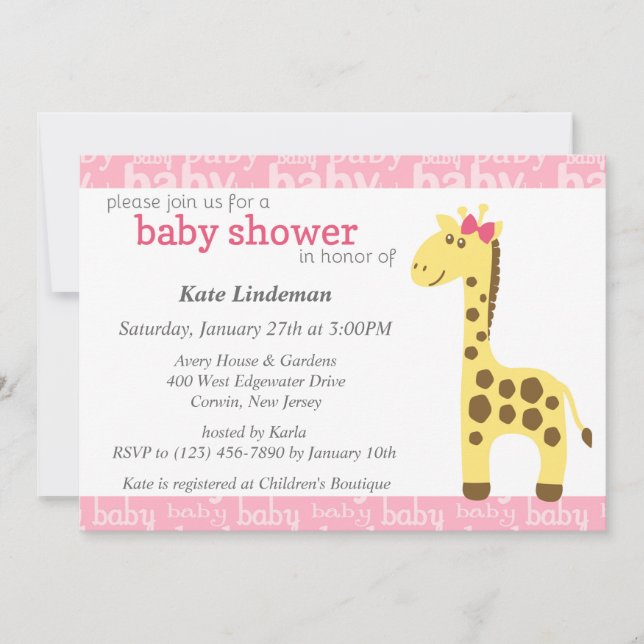 Invitation Giraffe en Baby shower de cabot rose pour fille (Devant)