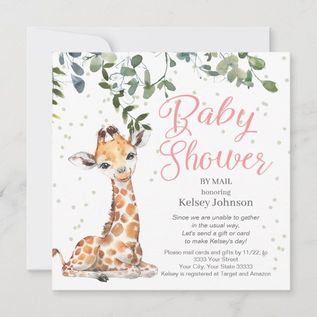 Invitation Giraffe Eucalyptus Baby shower rose (Devant)