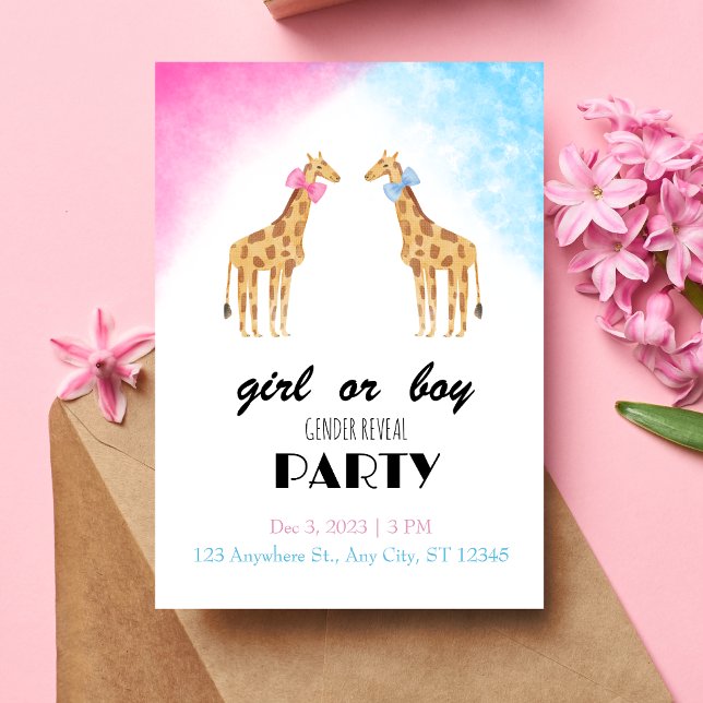 Invitation Giraffe Genre Reveal Party Fille ou garçon Invitat (Front)