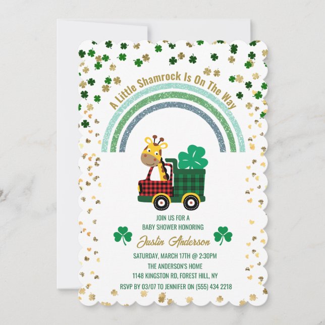 Invitation Giraffe Gold Leprechaun Clover Baby shower arc-en- (Devant)