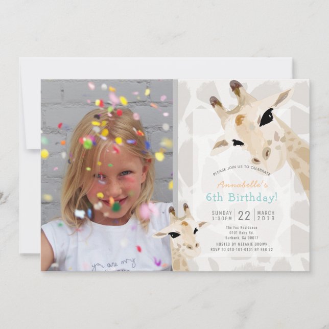Invitation Giraffe Greige Aquarelle Enfants Photo Anniversair (Devant)