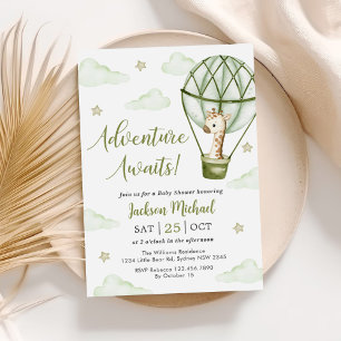 Invitation Giraffe Hot Air Balloon Green Boy Baby shower