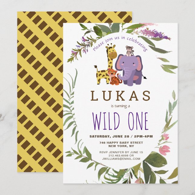 Invitation Giraffe Jungle Safari animal 1er anniversaire (Devant / Derrière)