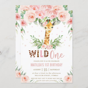 Invitation Giraffe Jungle Safari Blush Floral 1er anniversair