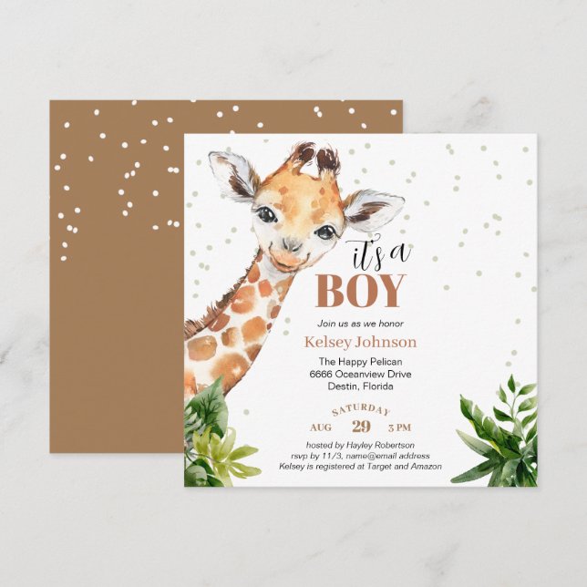 Invitation Giraffe Jungle Safari C'est un Baby shower vert ga (Devant / Derrière)
