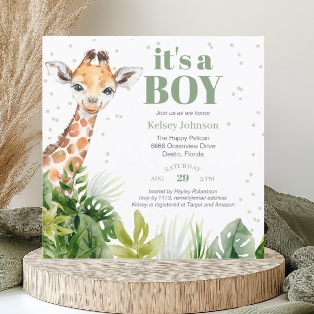 Invitation Giraffe Jungle Safari Garçon Baby shower vert (Créateur téléchargé)