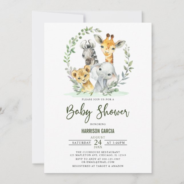 Invitation Giraffe Lion Safari Jungle Animaux Baby shower (Devant)