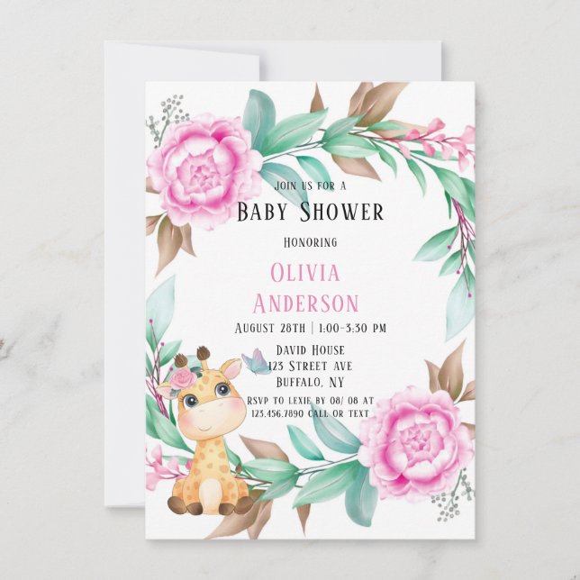 Invitation Giraffe mignonne et Baby shower fille pivoine rose (Devant)