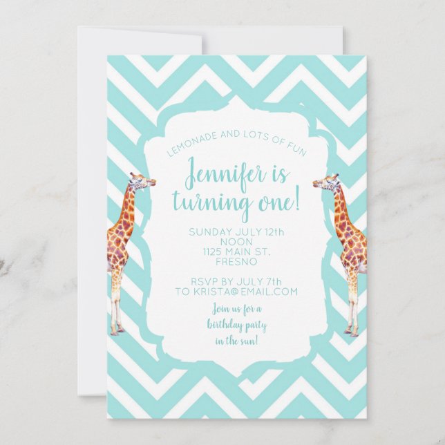 Invitation Giraffe on zigzzag chevron. (Devant)