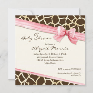 Invitation Giraffe Peau Motif Ruban n Bow Baby Girl Invitatio