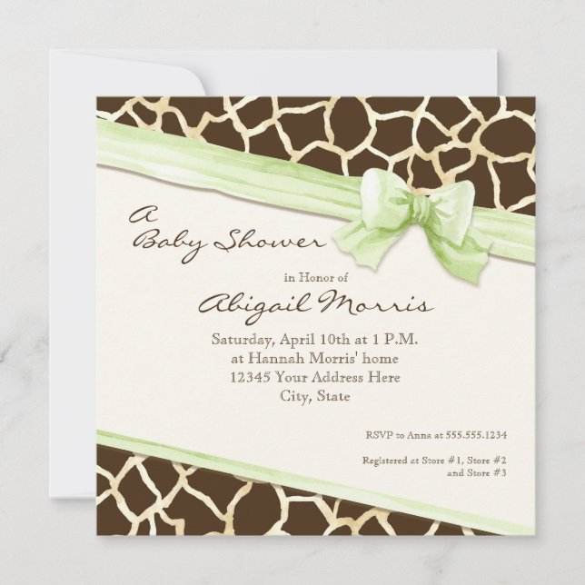 Invitation Giraffe Peau Motif Ruban n Bow Baby Girl Invitatio (Devant)