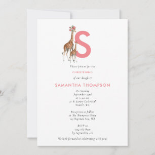 Invitation Giraffe Pink Baby Girl Baptême initial Christening
