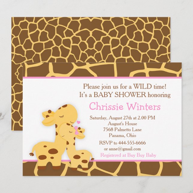 Invitation Giraffe Rose fille Baby Party Douche (Devant / Derrière)