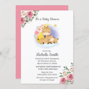Invitation Giraffe rose Floral Baby shower maman
