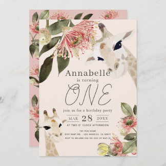 Invitation Giraffe Rose Floral Girl 1er anniversaire