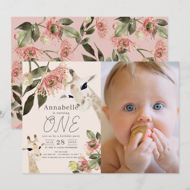 Invitation Giraffe Rose Floral Girl 1er Anniversaire Photo (Devant / Derrière)