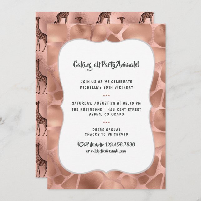 Invitation Giraffe rose Gold Foil N'importe quel âge Annivers (Devant / Derrière)