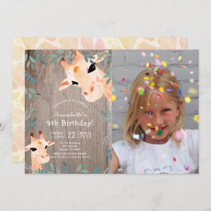 Invitation Giraffe Rustic Wood Greenery Photo Anniversaire de