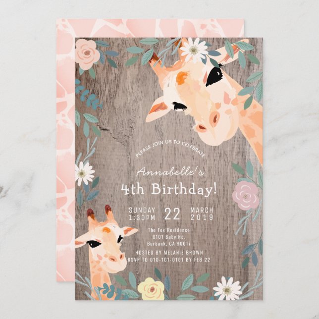 Invitation Giraffe Rustique Bois rose Floral Anniversaire (Devant / Derrière)