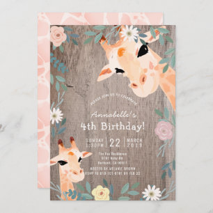 Invitation Giraffe Rustique Bois rose Floral Anniversaire
