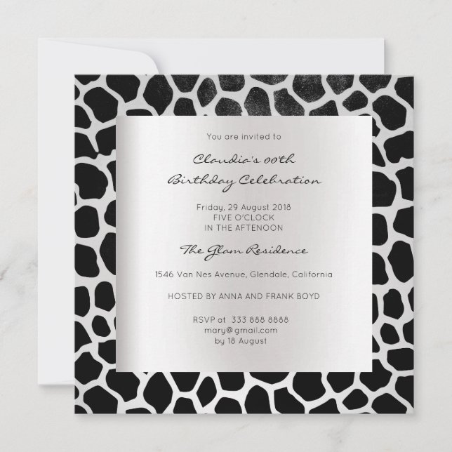 Invitation Giraffe Safari animal peau noir argent de l'annive (Devant)