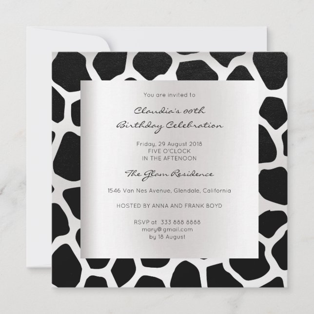 Invitation Giraffe Safari animal peau noir argent de l'annive (Devant)