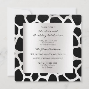Invitation Giraffe Safari animal peau noir argent de l'annive