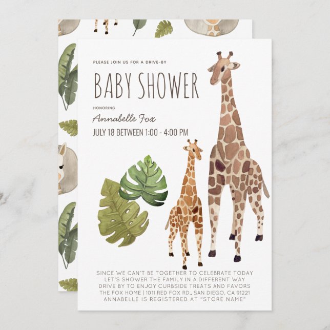 Invitation Giraffe Safari Baby shower Conduit Neutre Genre (Devant / Derrière)