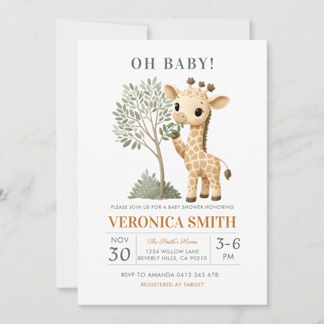 Invitation Giraffe Safari Jungle Baby Shower  (Devant)