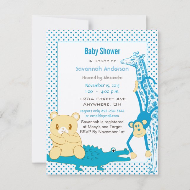 Invitation Giraffe Singe Alligator Baby Teddy Boy Douche (Devant)