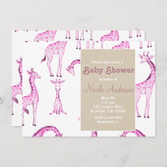 Invitation Giraffes roses & Baby shower Whimsical Kraft Safar (Devant / Derrière)