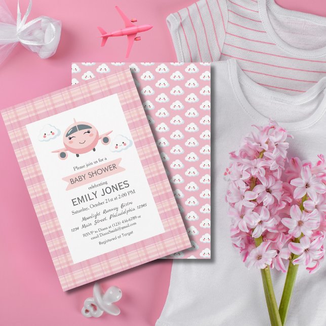 Invitation Girl Airplane Clouds Cute Baby Shower Pink Grey (Créateur téléchargé)