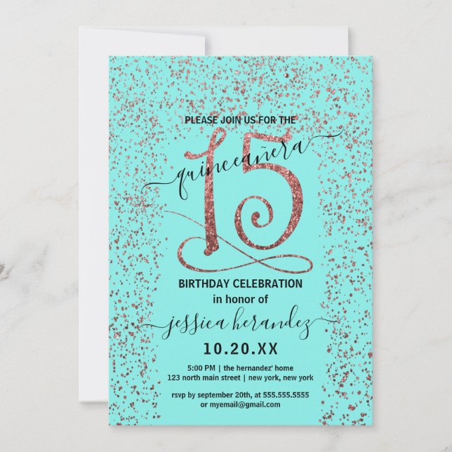 Invitation Girl Aqua Rose Gold Confetti Frontière Quinceañera (Devant)