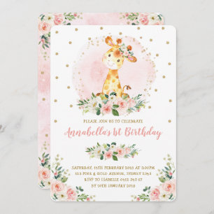 Invitation Girl Baby Giraffe Blush Gold Floral 1er anniversai