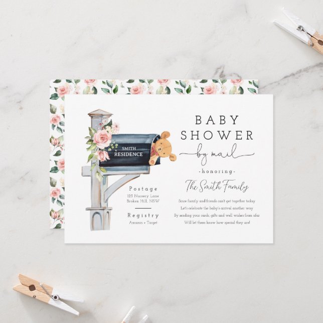 Invitation Girl Baby Shower, Floral Pink Baby Shower by Mail (Devant/Arrière en situation)