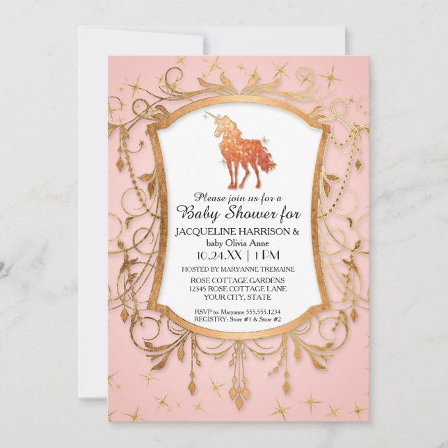 Invitation Girl Baby shower Magique Unicorn Rose Gold Sparkle (Devant)