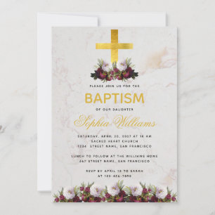 Invitation Girl Baptism Gold Cross Burgundy Peonies Marbre