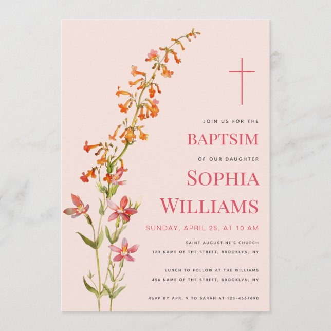 Invitation  Girl Baptism Pink Floral Watercolor Wildflowers (Devant)
