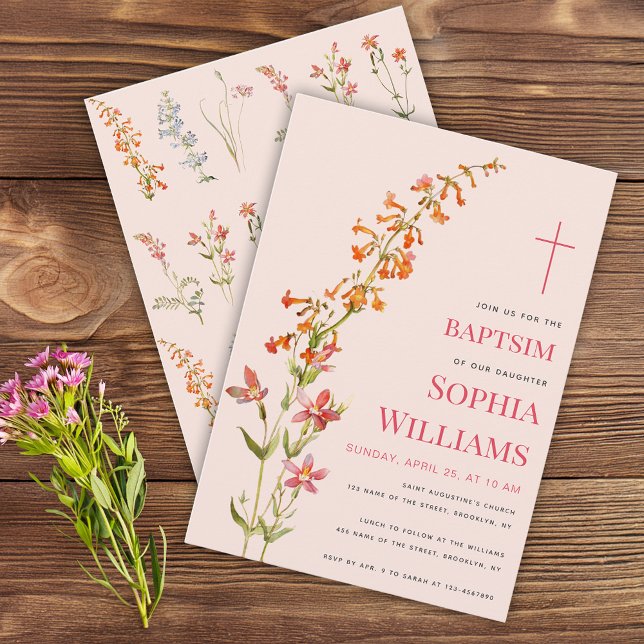 Invitation  Girl Baptism Pink Floral Watercolor Wildflowers (Créateur téléchargé)
