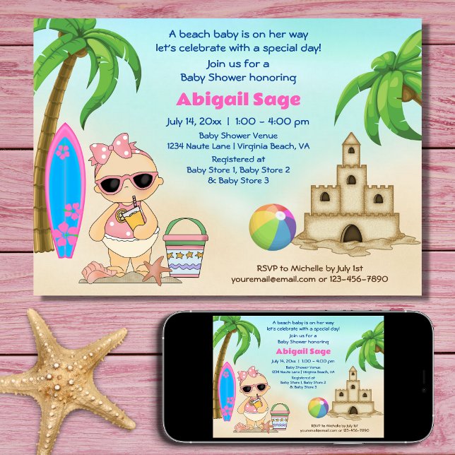 Invitation Girl Beach Baby Sandcastle, Baby shower Surfboard (Printed and Digital - Girl Beach Baby Sandcastle, Surfboard Baby Shower Invitation)