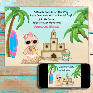 Invitation Girl Beach Baby Sandcastle in Surfboard Baby showe
