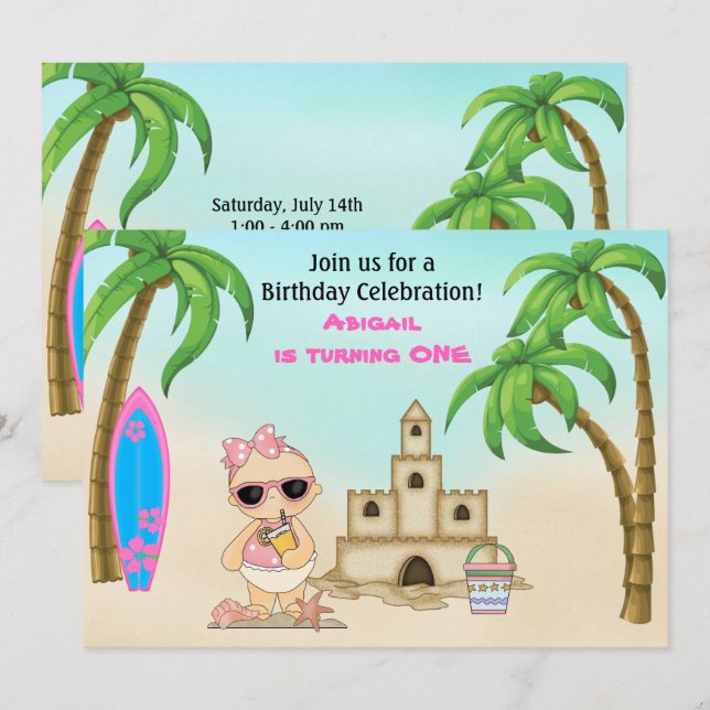 Invitation Girl Beach Baby Sandcastle, Surfboard 1er annivers (Devant / Derrière)