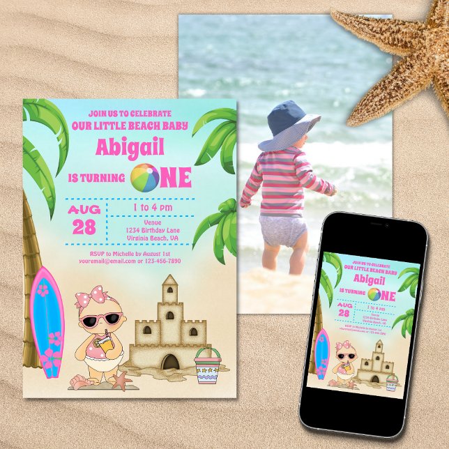 Invitation Girl Beach Baby Surfboard 1er Birthday PHOTO (Printed (Front and Back) and Digital Girl Beach Baby Surfboard 1st Birthday PHOTO Invitation)