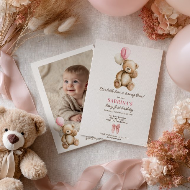 Invitation Girl Beary 1er anniversaire Teddy Bear Photo Ballo (Girl Beary 1st Birthday Teddy Bear Photo Balloons Invitation)