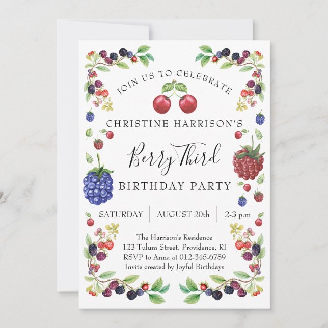 Invitation Girl Berry Third Birthday Party (Devant)