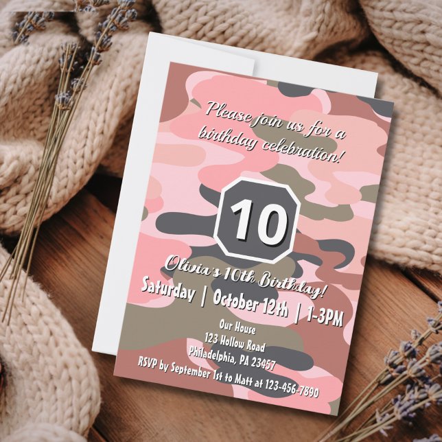 Invitation Girl Birthday Pink Green Camouflage Cute Custom (Créateur téléchargé)